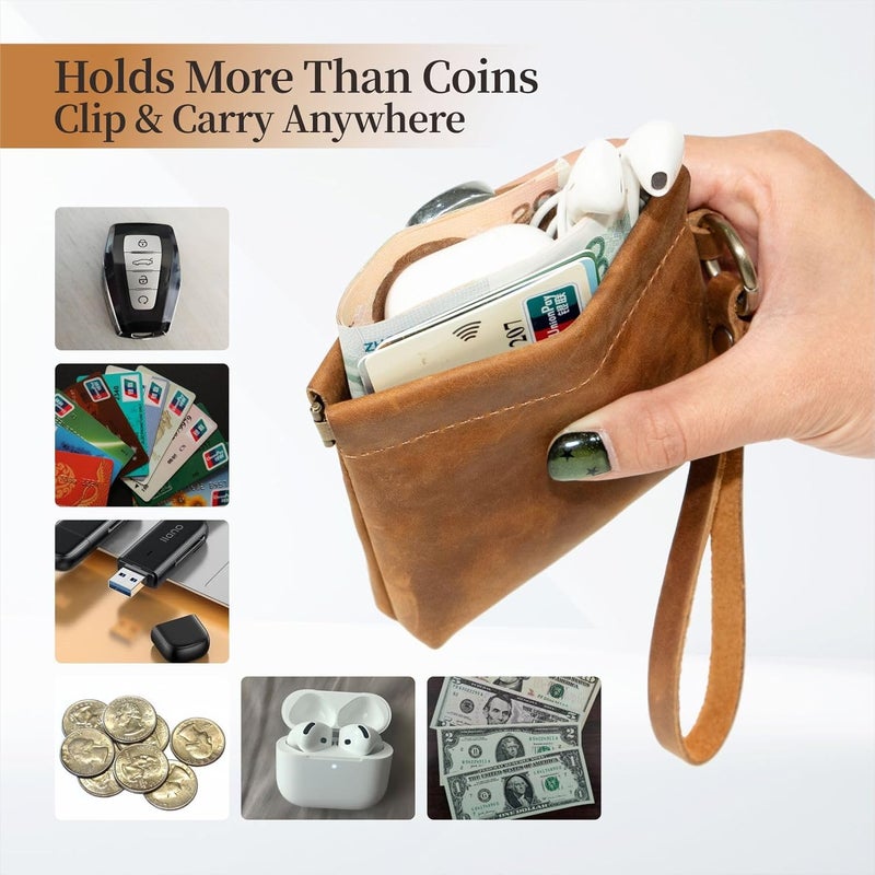 Aesthestyle Leather Coin Purse with Wristlet, Coin Pouch with Dual Interlayer, Card and Change Holder, Easy Clip on without Zipper, Squeeze Coin Wallet, Handmade Genuine Leather Wallet For Men/Women - Image 3